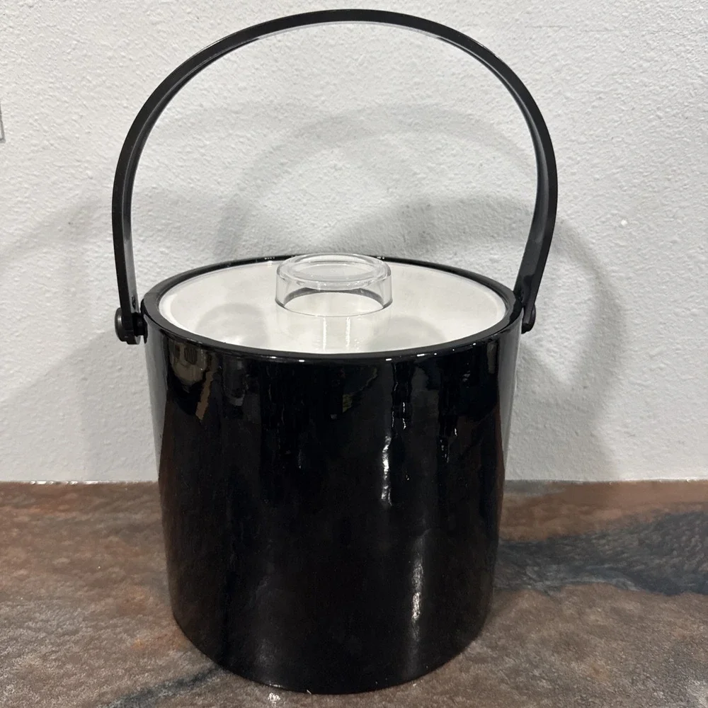 Vintage Shelton-Ware Ice Bucket & 4 Glasses MCM Black Gold Grid Barware Set NIB